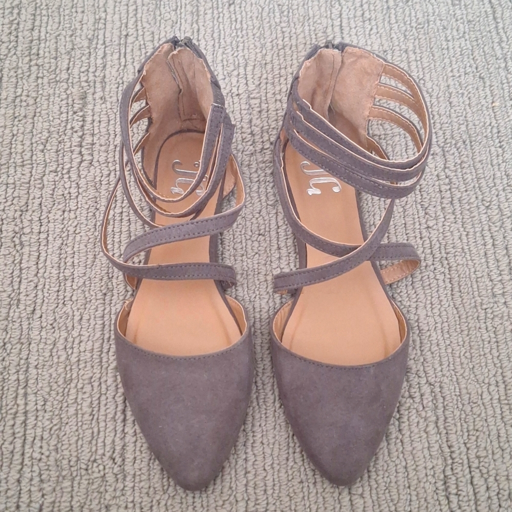 Grey wrapped ankle flats